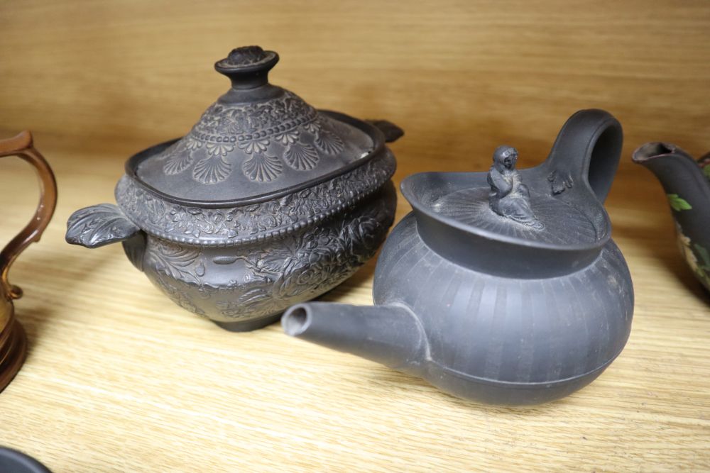 A group of 19th century Wedgwood etc. basalt wares, copper lustre and other British pottery